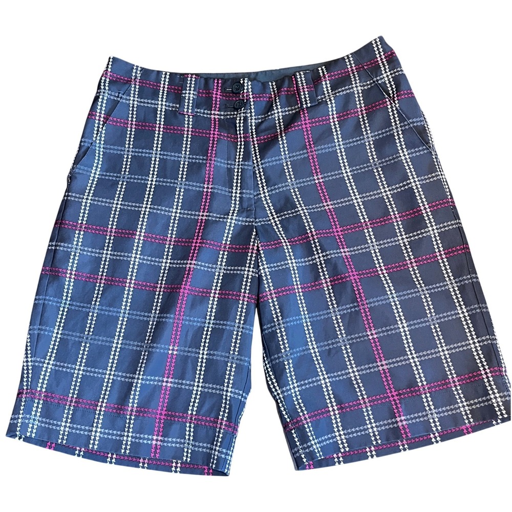 Nike Golf Womens Dri-FIT Plaid Houndstooth Shorts Grey Pink White Size 2 Bermuda